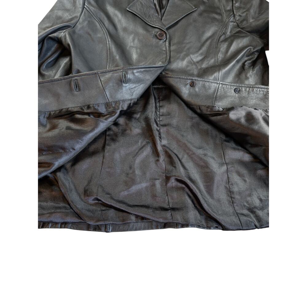 Modern Essentials Womens Black Long Button Front 100% Leather Jacket Large - Picture 7 of 9